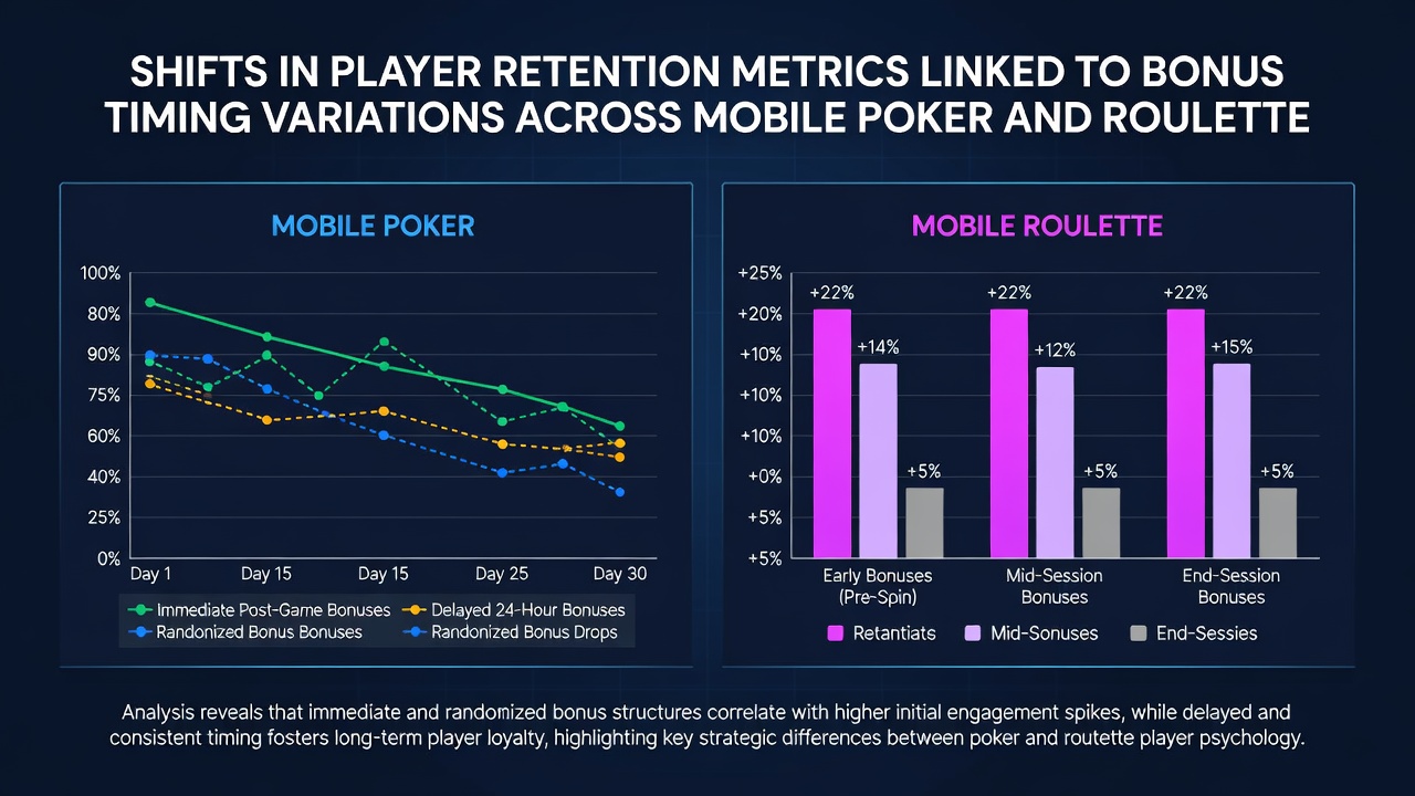 Analytics dashboard showing player retention curves for timed bonuses in mobile poker and roulette
