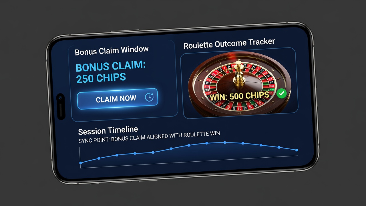 Close-up of a mobile device screen showing roulette spin history synced with active poker bonus timers and outcome statistics